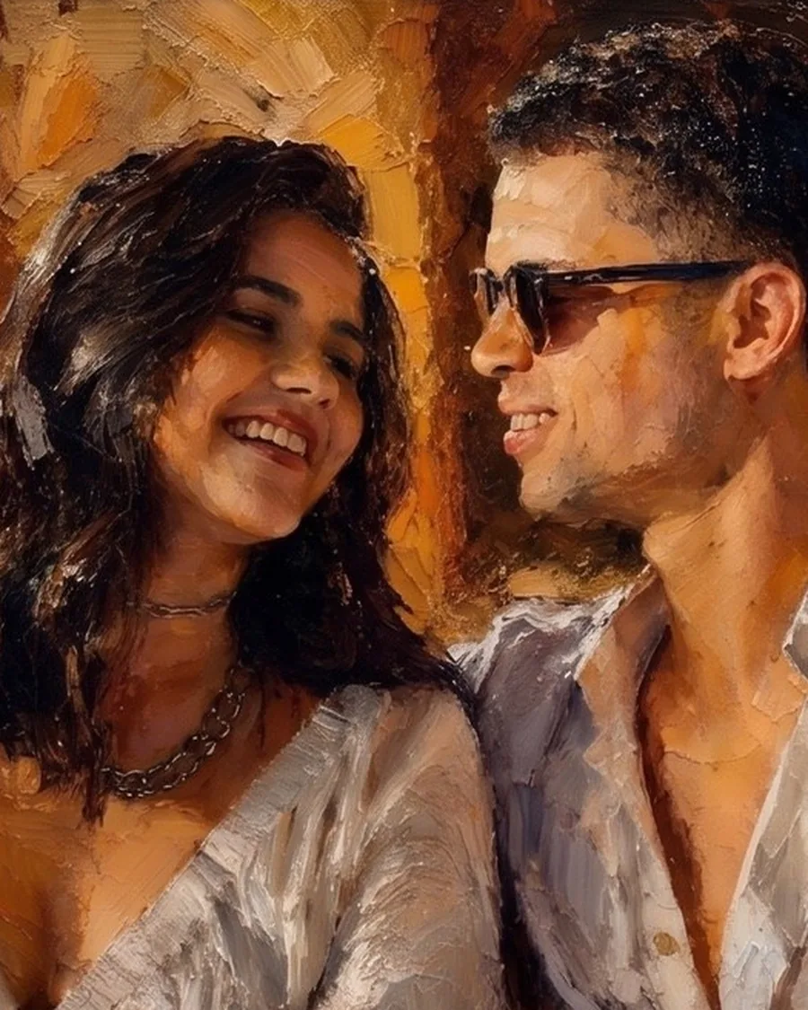 Retrato a óleo de um casal sorrindo, pintura impressionista em tons quentes