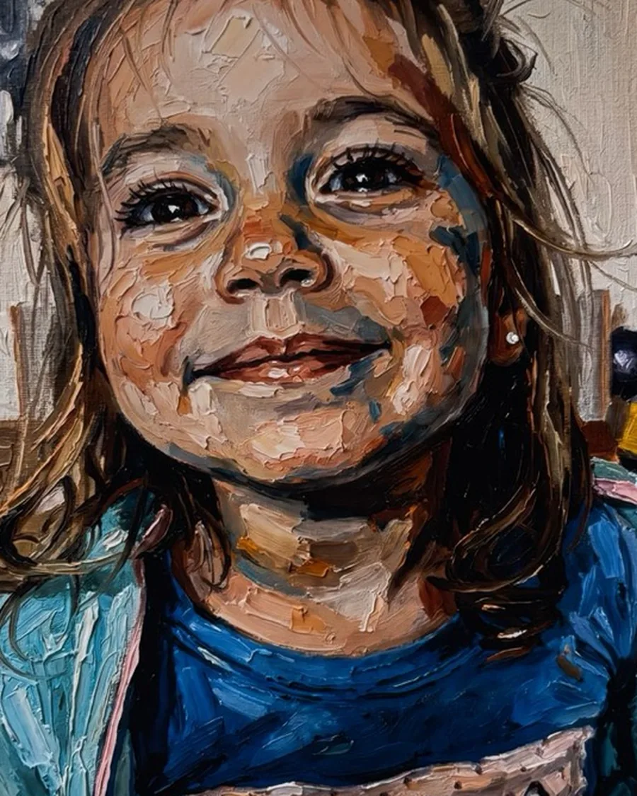 Retrato a óleo de uma menina sorrindo, pincelada espessa em impasto