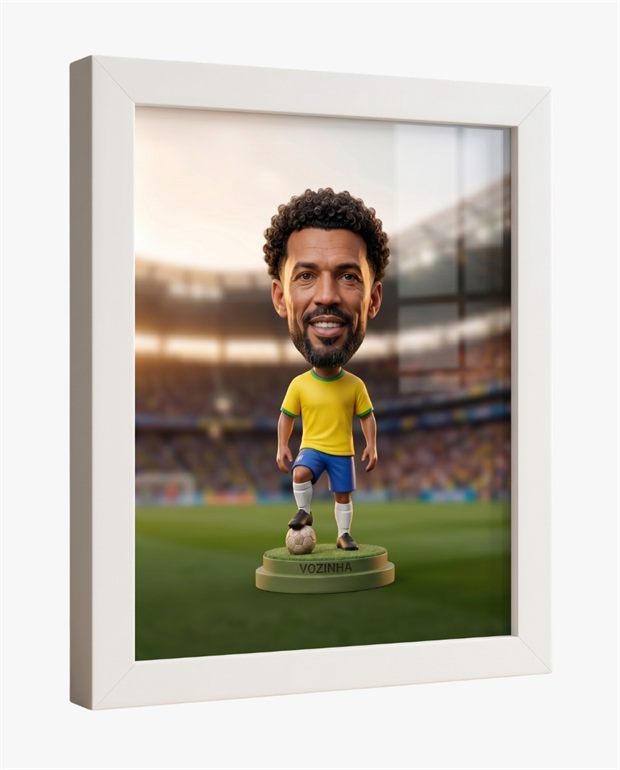 Quadro emoldurado do boneco da Seleção na parede